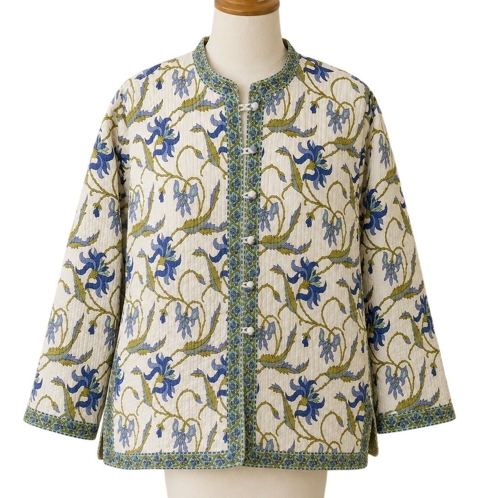 Quilted Cotton Jacket L Reversible Block Print Cottagecore Boho Artisan Floral